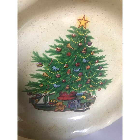 Vtg Christmas Tree With Toys Pie Tart Ceramic Dish Handmade 10" One Of A Kin - Picture 2 of 8